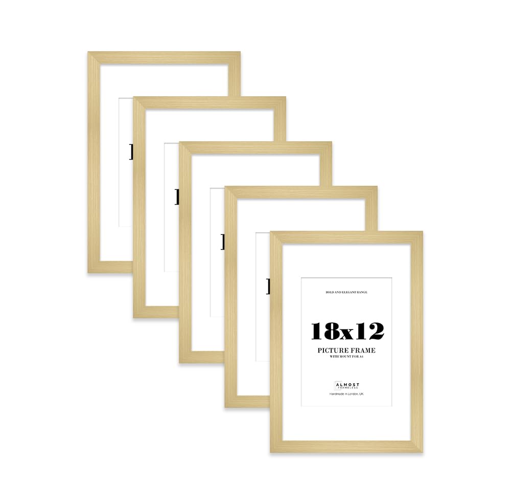 18x12 Gold Frame With Mount for A4 Pictures 28mm Edge Portrait and Landscape Display with Wall Hooks, 5 Pack