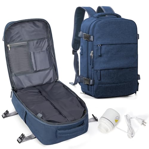 Mochila de viagem a vácuo com bomba, bolsas de compressão a vácuo aprovadas para voos para mulheres e homens, bolsas de compressão a vácuo de armazenamento com compartimento para sapatos/porta USB