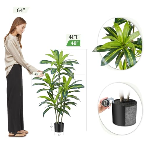 Image of Dracaena Plant Artificial Tree 4Ft Tall Fake Tropical Floor Plants Potted (Real Touch) Artificial Silk Tree Leaf Faux Trees Black Tall Planter for Home Office Living Room Indoor Outdoor Decor