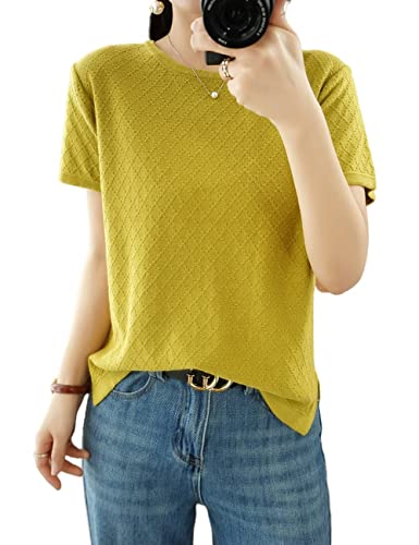Image of Womens Short Sleeve Sweaters Tops Summer Thin Pullover Cotton Knit Shirt Crew Neck Lightweight Pointelle Blouse