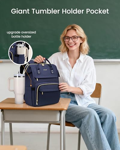 Image of LOVEVOOK Laptop Backpack for Women with Giant Tumbler Holder Pocket,15.6 inch Waterproof Travel Backpack Purse Computer Laptop Bag,Professional Work College Nurse Teacher Backpack Daypack,Dark Blue