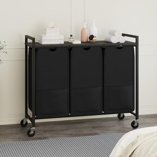 3-Section Laundry Hamper with Shelf, Pull-Out Removable 12.8 gal(48L) Bags, Metal Frame Laundry Sorter Movable Wheels and 3 Compartments, Grey Board, Black by GarveeHome - Used condition - Image 2