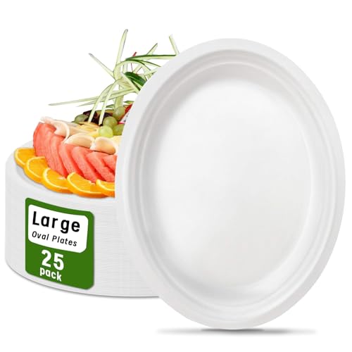 VEIZEDD 25 Compostable Paper Plates - 12 Inch White Heavy Duty Bagasse Eco-Friendly Oval Plates for Meal, BBQ, Party, Thanksgiving VEIZEDD 25 Compostable Paper Plates - 12 Inch White Heavy Duty Bagasse Eco-Friendly Oval Plates for Meal, BBQ, Party, Thanksgiving