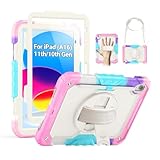SEYMAC Case for iPad (A16) 11th/10th Generation 2025/2022 (11″/10.9″), Sturdy Heavy Duty Full-Body Shockproof Protective Case with Screen Protector, Rotating Stand, Hand/Shoulder Strap, Colorful/Pink