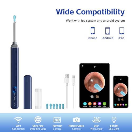 Ohrenschmalz-Entferner, Morelax 1080P WiFi-Ohrenreiniger, IP67 wasserdichtes Otoskop mit 360°-Kamera, Ohrendoskop mit 6 LEDs für iPhone, Android, iPad, Erwachsene, Kinder und Haustiere (Azurblau)