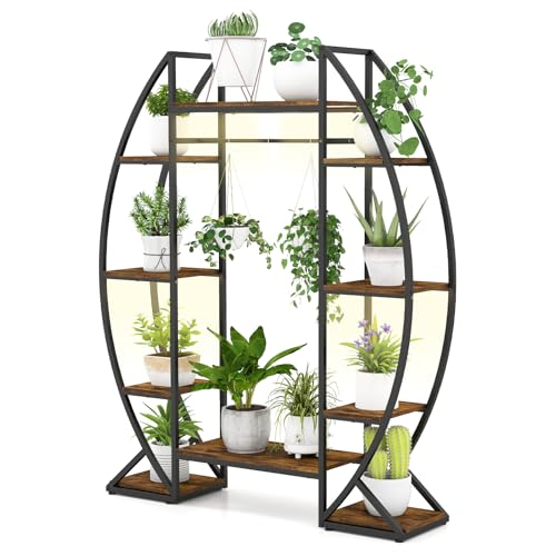 COSTWAY Support de Plante Métallique d'Angle à 10 Étagères Ouvertes, Étagère Fleur avec Lumières de Croissance, Support Pot de Fleurs pour Balcon Salon, 127 x 30 x 160 cm, Marron