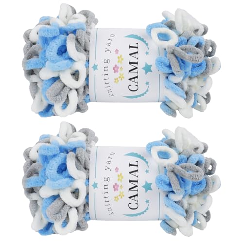 CAMAL 2 Pack Loop Yarn for Finger Knitting - Soft Fluffy Rainbow Chunky Chenille Plush for Crocheting Blanket, Rugs, Scarfs, DIY Handbags, Hand Crafts (Blue Gray)