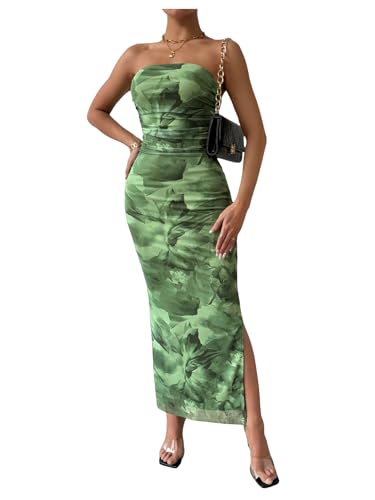 Image of Milumia Women's Printed Strapless Tube Top Maxi Dress Slit Hem Sleeveless Bodycon Wedding Guest Party Long Dresses Olive Green X-Large