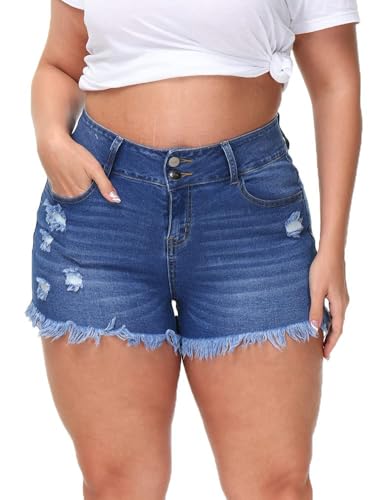 Gocolloa Women Plus Size Jean Shorts Sexy Stretchy High Waisted Frayed Raw Hem Denim Shorts Royal Blue 18W
