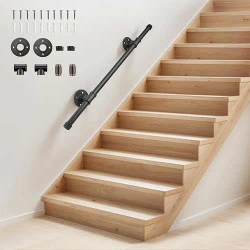 Pasamanos para Escaleras,Barandilla Escalera Pasamanos Estilo Industrial Profesional Negro con tubo de acero Galvanizado Industrial Antideslizante para Cocina Baño Jardín, 1M