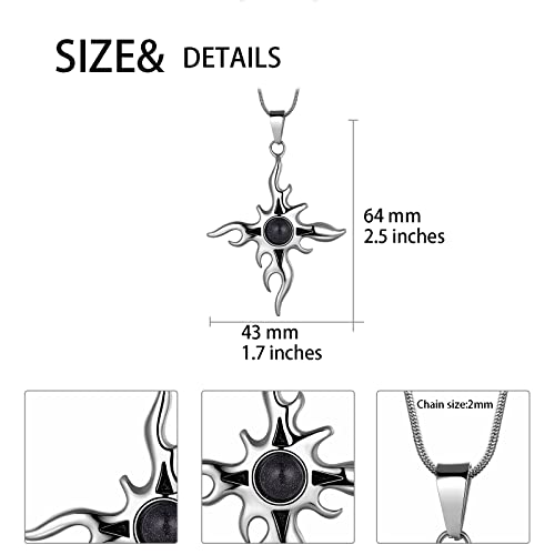 Flaming Sun Cross Pendant Necklace - Cabochon Gemstone Sun Ray Inspired Pendant Men Stainless Steel Punk Hip Hop Charm Gothic Necklaces Women Vintage Jewelry Birthday Gifts Sp0129G #TOP4