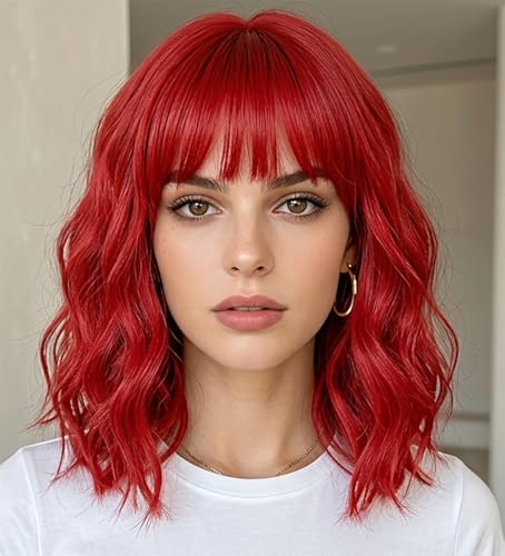 Elfairy Black Wig with Bangs Wig for Women 12in Short Bob Wavy Curly Wig Natural Black Hair Wigs Heat Resistant Hair Replacement Wigs(12'' Natural Black 1B)