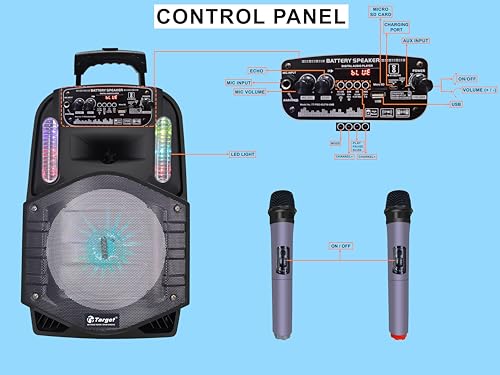 Image of TARGET TT-PSG-802 Wireless Bluetooth Trolley Speaker 8 inch 120 WATTS RMS, Karaoke with 2 Wireless Mic, Remote Control, FM Radio, Aux in /USB /SD Card with TWS