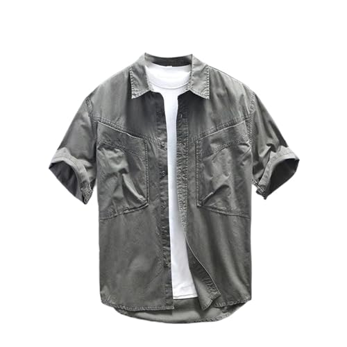 Chemise de travail homme vintage décontractée à manches courtes et poche unie