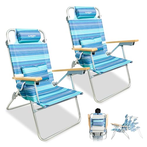 ARURU Tall Beach Chairs for Adults 2 Pack, Portable Folding High Seat Backpack Beach Chair Heavy Duty 5-Position Lay Flat with Cooler Bag, Cup Holder for Outdoor/Lawn/Trip/Picnic/Fishing/Camping by ARURU - Used condition - US$80.64