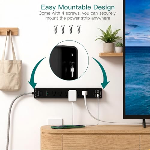 Image of Surge Protector Power Strip - 2ft Extension Cord with 6 AC Outlets 4 USB