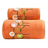 Embroidered Bath Towels and Washcloths Sets, Flower Pattern 100% Cotton Fingertip Floral Hand Towels for Bathroom Kitchen (B Flower,Orange)