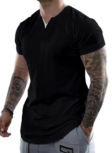 JMIERR Casual Henley Shirts Muscle Slim T Shirt V-Neck Short Sleeve Longline Shirts Gym Workout Casual Cotton Tees Shirts, US 50(2XL), Black