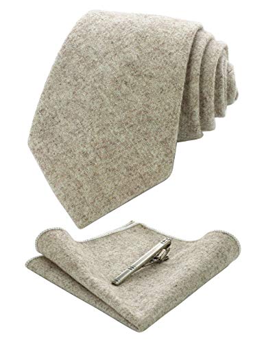 JEMYGINS Kaschmir Wolle Krawatte und Einstecktuch Krawattenklammer Sets für Herren (Beige)