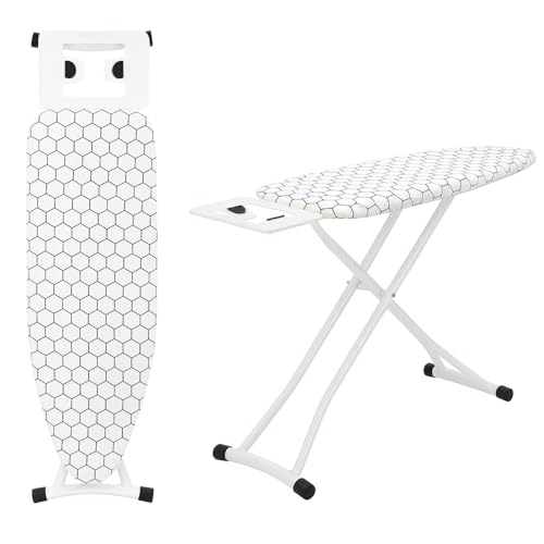 GREENSAPPIRE Ironing Boards 110x32cm Adjustable Heights Folding Ironing Board with 6 Heights (66–77cm), Lightweight Iron Board with Cotton Cover, Non-Slip Feet & Iron Rest (White Square)