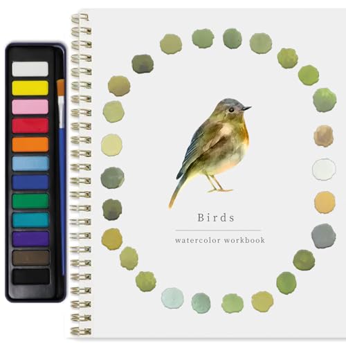 Watercolor Workbook Water Coloring Book 12 Different Patterns of Original DIY Designs 12 Colors Watercolor Paint Set with Palette and Brush Beginner-Friendly Watercolor WorkbooksBirds