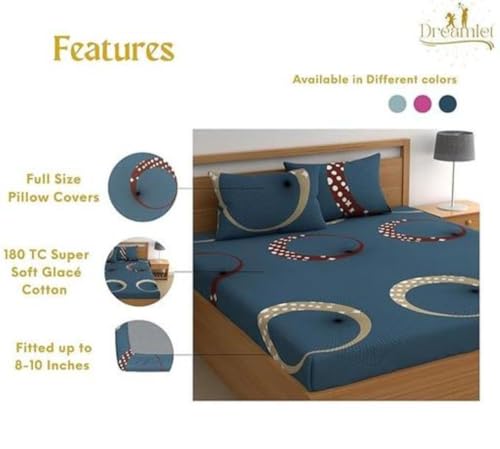 Image of Geeta Presents Premium Cotton Elastic Fitted Geometric Bedsheets with 2 King Size Pillow Covers | Double Bed with All Around Elastic 180 TC Supersoft | (72 inchX78 inch, 180-200 TC A2016