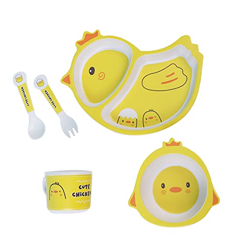Fekdod Bamboo Kids Dinnerware Set 5 Pcs Includes Plate...