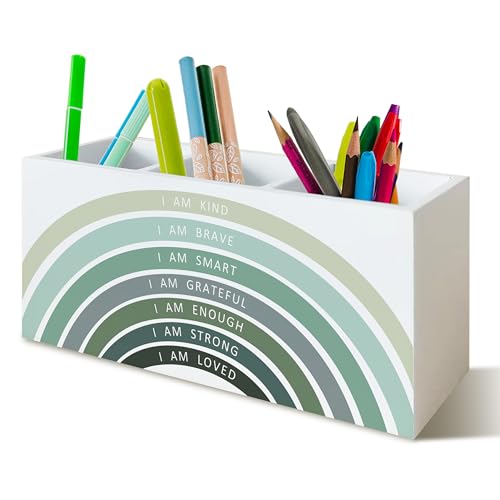 YTRGI Green Boho Rainbow Positive Affirmations Pen Pencil Holder for School Classroom Office Desk, Book Center Calming Corner Playroom Decor, Inspirational Makeup Brush Toothbrush Holder Organizer