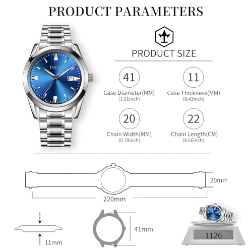 Taxau Mens Watches Stainless Steel Dress Watch Mens Waterproof Watches for Large Wrist Analog Quartz Silver Watch Blue Face Luxury Business Minimalist Date Watch Relojes para Hombres — view 5