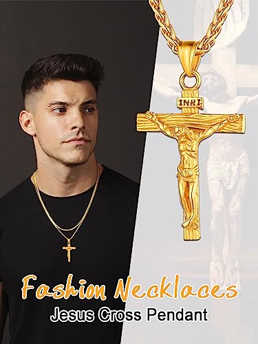 U7 Men Crucifix Cross Pendant with Chain Baptism Christian Jewelry Stainless Steel/18K Gold Antique Jesus Necklace, Gift Packed,Length 22"4