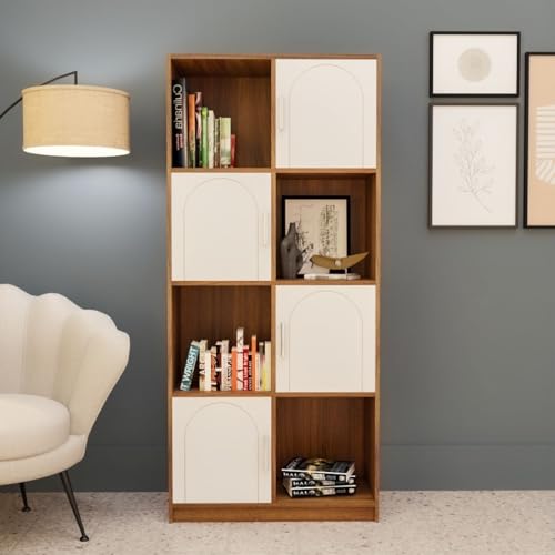 neuspace Cube Arch Engineered Wood Open & Closed Bookshelf | Display Unit | Open 4 Shelves & 4 Door Cabinet Storage for Home & Office|1 Year Warranty (Finish - Leon Teak, Knock Down)