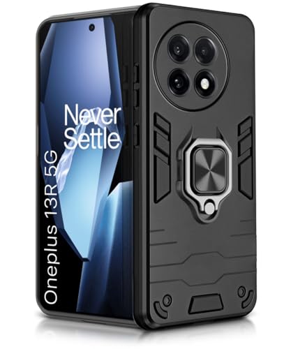 Image of WOW IMAGINE Shock Proof Back Case Mobile Cover for 1+ OnePlus 13R 5G | Back Cover Case (Tough Armor | Hybrid PC + TPU | Ring Holder & in-Built Kickstand | Black)