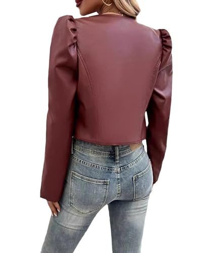 Sexyshine Women's Cropped Faux Leather Jacket Puff Long Sleeve Slim Fit Open Front PU Leather Coat Office Streetwear2