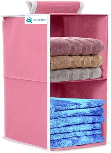 Image of Hanging Closet Organizer for Clothes Storage | Foldable Wardrobe Hanging Storage Rack | Non-Woven Multipurpose Cupboard Organizer for Clothes, Towels & Accessories (Pink, Pack of 1, 2)