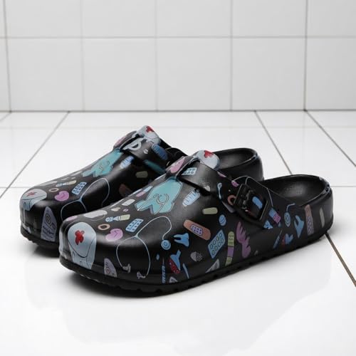 Image of Eliogn Women's Garden Clogs with Print, Waterproof Slip Resistant Work Clogs, Lightweight EVA Slip-On Mules, Cushioned Comfortable Shoes for Nurse, Chef, Kitchen, Beach