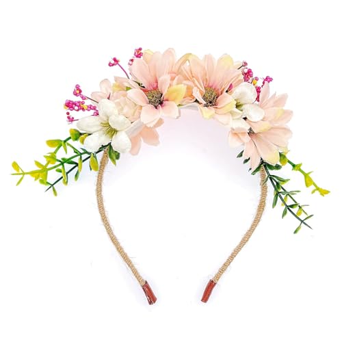 JZK Mariage fleur fille mariée mariée marguerite fleur bandeau tiare pour fille et femme bridal hairband floral garland headpiece, Blanc beige