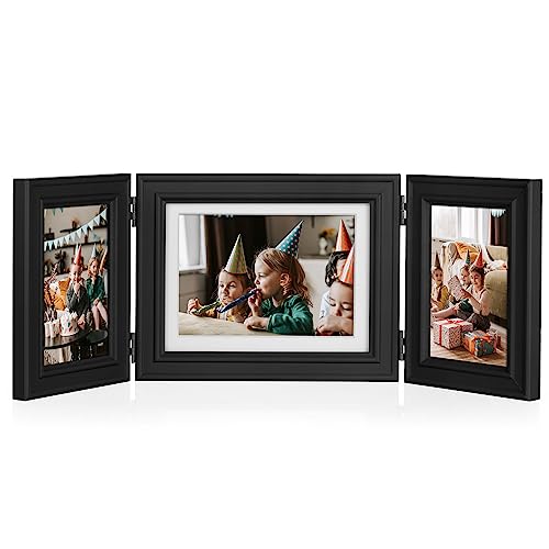 Tamolus 3 Vertical Horizontal Hinged Wood Picture Frame 4x6 and 5x7 Triple Folding Photo Frame Home Decor with Real Glass Front in Black for Tabletop, Display 4x6 with Mat or 5x7 without Mat