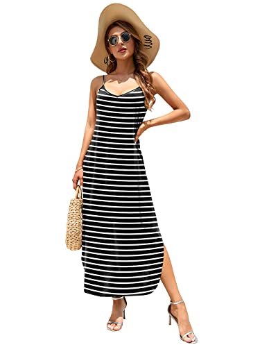 Image of HUSKARY Women's Summer Casual Sleeveless V Neck Strappy Split Loose Dress Beach Cover Up Long Cami Maxi Dresses with Pocket