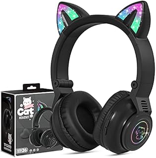 Kids Headphones Wireless Light Up Cat Ear Bluetooth Headphones Over Ear Childrens Foldable Headphones w/Microphone for Amazon Fire Tablet/Laptop/iPad (Black)