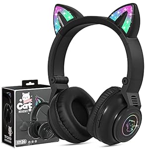 Kinderen Hoofdtelefoon Draadloze Licht Up Kat Oor Bluetooth Hoofdtelefoon Over Ear Kinderen Opvouwbare Hoofdtelefoon w/Microfoon voor Amazon Fire Tablet/Laptop/iPad (Zwart)