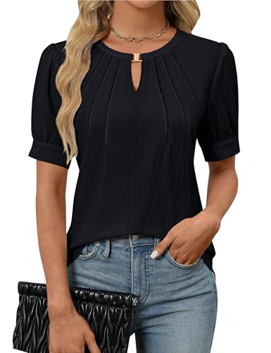 Blooming Jelly Womens Dressy Casual Tops Keyhole Business Work Blouses Pleated Puff Sleeve Summer Shirts