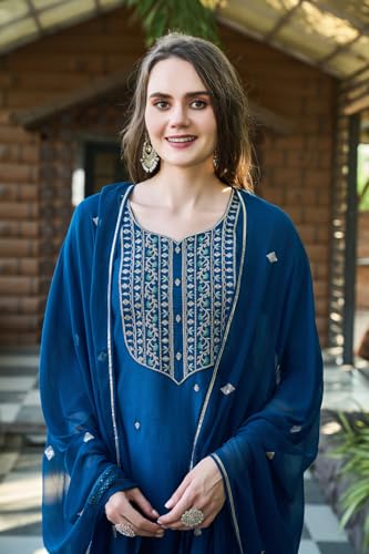 Image of GoSriKi Women's Cotton Blend Embroidered Kurta Set with Pant & Dupatta - Straight Calf‑Length, 3 /4 Sleeve, Round Neck - Elegant Ethnic Attire (5 Colors, S-5XL)