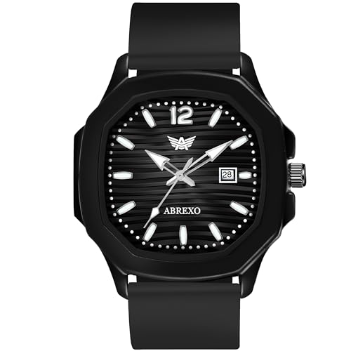 Abrexo Abx6600-BLACK Vintage-Law Series Date Working Square Dial Premium Silicone Strap Boys Quartz Mechanism Watch (Black)
