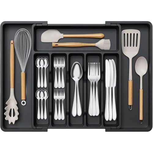 Image of Aliensware Expandable Slider Kitchen Drawer Organizer, BPA Free Utensil, Adjustable Flatware & Cutlery Holder /Divider Tray for Spoons Forks, Knives Tableware Storage-13-22.4 X15X2 inch(8-Slots /Black)