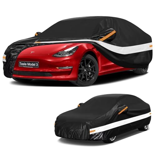 Image of 10 Layers Car Cover with Charger Port Custom Fit for Tesla Model 3 (2017-2026), Waterproof All Weather for Automobiles, Outdoor Full Cover Sun Dust Rain Protection with Cotton. Black