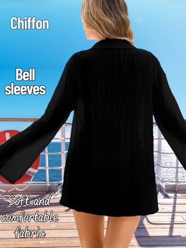 Women's Tie Front Swimsuit Cover Up, Bathing Suit Coverup Long Sleeve Chiffon Blouse, Beach Pool Sheer Shirt Vacation3