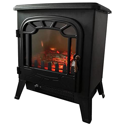 Marco Paul 1850W Black Free Standing Electric Fireplace with Real Flame Effect Multiple Heat Settings and Thermostat Low Energy Silent Mains Powered Heater for Home Living Room or Bedroom