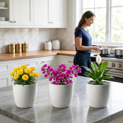 Image of YUCCABE ITALIA SHERA Stella 4 Inch Pack of 3 Piece Plastic Plant Pot for Home Decor Indoor Plant Pots for Living Room Plastic Flower Pot for Garden (Stone White, 10 INCH - 4 Pcs)
