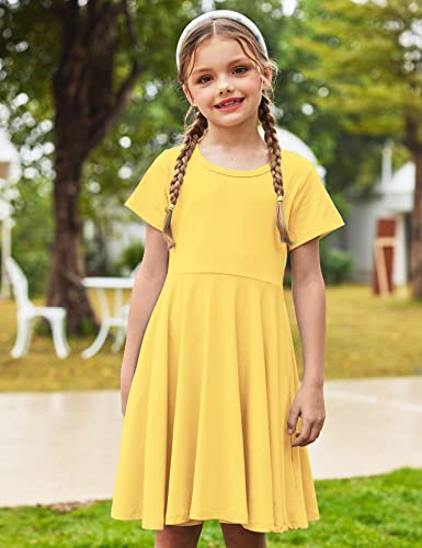 Arshiner Girls Twirl Dress Solid Color Cotton Stretchy Skater Swing Basic School Dress Yellow 130 8-9Y Retro #TOP1
