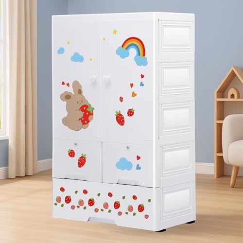 Image of Little Olive Plastic Wardrobe with Height Chart | Strawberry Print Design | Kids Storage Cabinet for Toys and Clothes | Red Matte Finish (65 X 38 X 130 Cm)